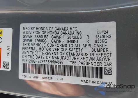 2025 Honda Civic Sport из США, поврежденный, VIN 2HGFE2F55SH504697